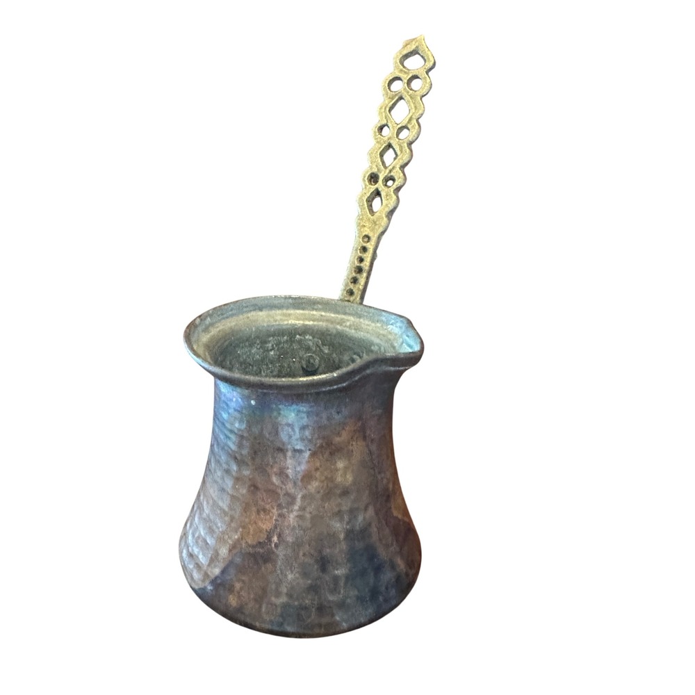 Vintage Turkish Coffee Pot Cezve Hammered Copper Brass Handle Primitive Small